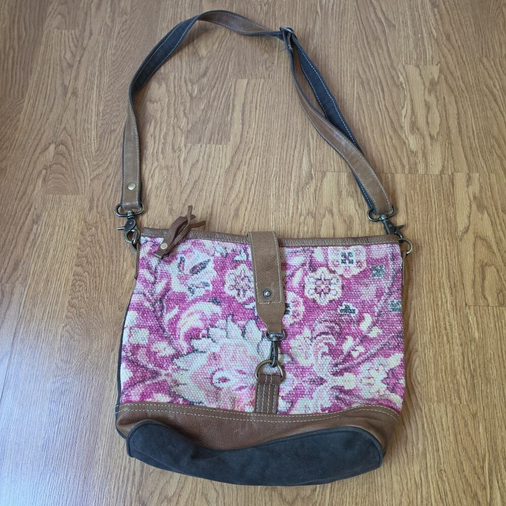 Myra Bag Canvas Leather Trim Crossbody Purse Shoulder Handbag Pink Floral Print